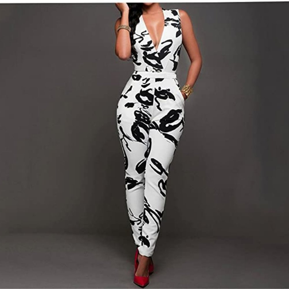 Sleevless deep V neck bodycon long pants